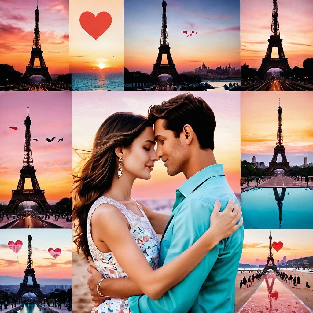 A vibrant collage depicting famous couples who transitioned from friendship to romance, intertwined with heart-shaped motifs and soft pastel colors. The background features iconic landmarks symbolizing love, like the Eiffel Tower and a sunset beach. Include heartwarming quotes about love, subtly integrated into the design. Emphasize emotions through expressive facial close-ups of the couples. romantic illustration. vibrant colors. soft background.