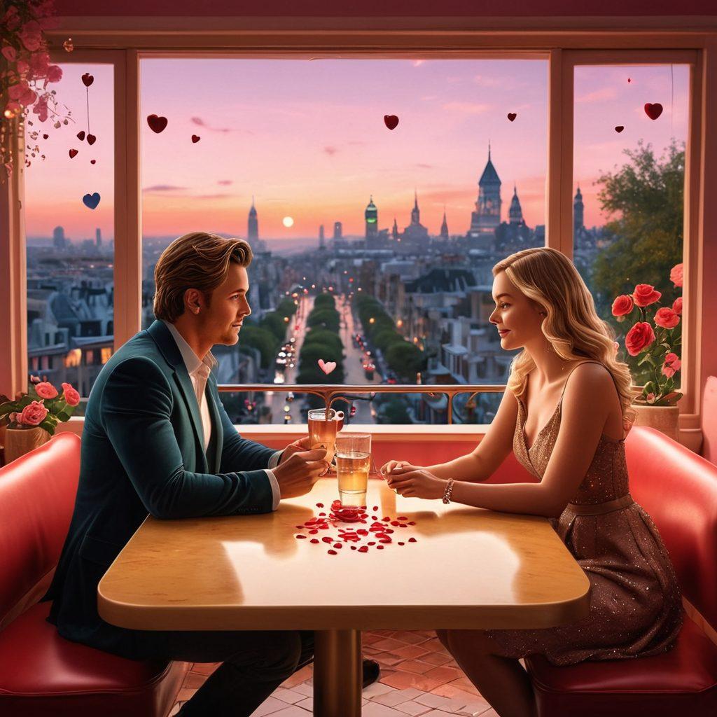 A romantic scene depicting a cozy café table where two celebrity couples are engaged in heartfelt conversation, surrounded by floating hearts and subtle symbols of love like roses and rings. In the background, iconic landmarks represent their romantic journey, while soft light creates an intimate atmosphere. The image conveys warmth and connection, inviting viewers into the world of celebrity relationships. super-realistic. vibrant colors. soft lighting.